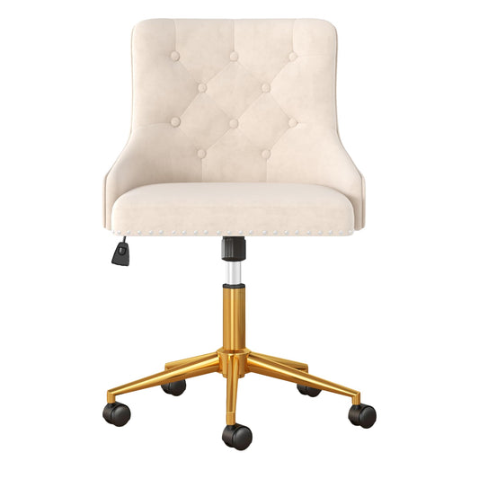 Fashionom Modern Swivel Chair, Upholstered Velvet Comfy Desk Chair with Nailhead Trim, Adjustabale Armless Vanity Chair with Gold Base Button Tufted Winging Back, for Home Office Make-up, Beige