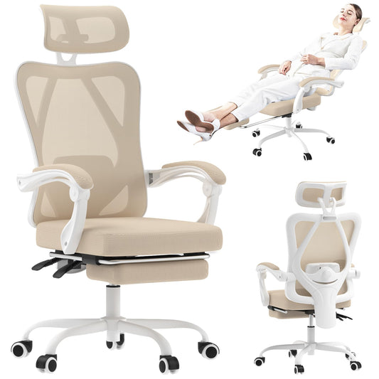 Ergonomic Office Chair with Foot Rest –Reclining Computer Desk Chair with Lumbar Support, High Back Gaming Chair for Adults,Comfortable Home Office Desk Chairs for Long Hours,Khaki