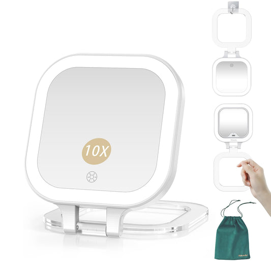 Mocado Compact Travel Makeup Mirror, 1X/10X Magnifying Mirror with Light, Double Sides Compact Mirror with 3 Color Light, Dimmable Handheld Mirror, Rechargeable Travel Mirror for Purse,Pocket(White)