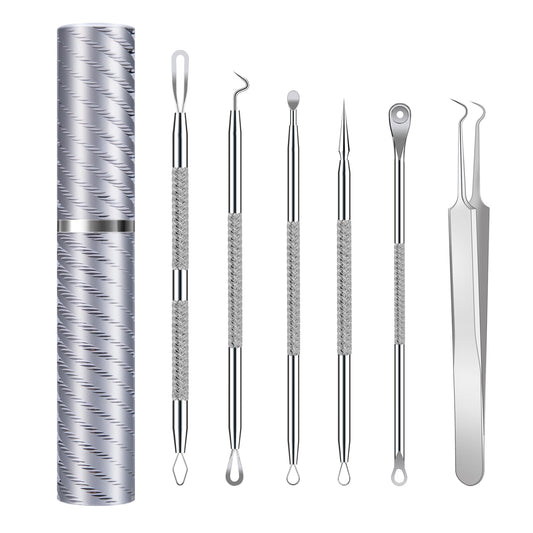 Goooxtex Pimple Popper Tool Kit Blackhead Remover Comedone Extractor Kit with Metal Case for Quick and Easy Removal of Pimples, Blackheads, Zit on Face - Acne Removal Kit 6 Pcs (Silver)