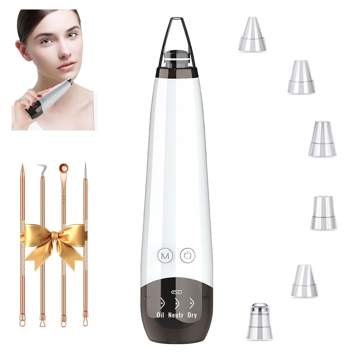 2025 Pore Vacuum, USB Rechargeable Blackhead Remover Vacuum,3 Levels Adjustable Pore Vacuum Blackhead Remover, with 5 Suction Power,6 Probes,Face Vacuum Pore Cleanser for Women & Men-White