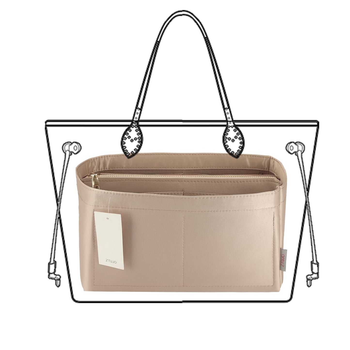 Purse Organizer Insert For Handbags, Purse Organizer With Zipper, Neverfull Organizer, Bag Organizer For Speedy Neverfull ONTHEGO Tote, Handbag and More (Silky Beige, small)