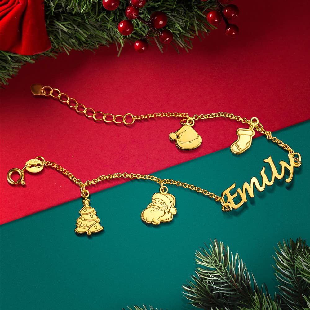 AILIN Custom Christmas Bracelet For Women With Xmas Trees/Santa Claus/Stockings/Hats Charm Sterling Silver 925 Personalized Name Bracelets Jewelry Gifts For Her Mother Daughter