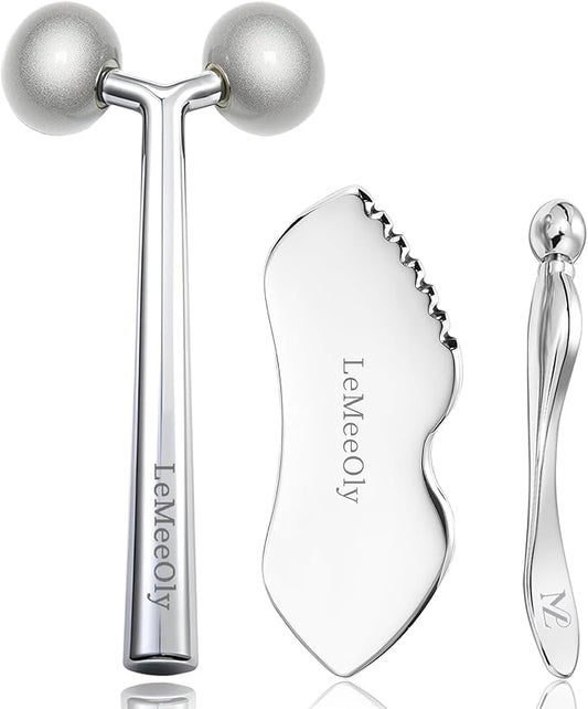 Face Roller Massager Skin & Gua Sha Facial Tools Stainless Steel, Facial Massage Skin Care for Face Neck Body, Reduce Puffiness Remove Wrinkles, Valentines Gift for Women