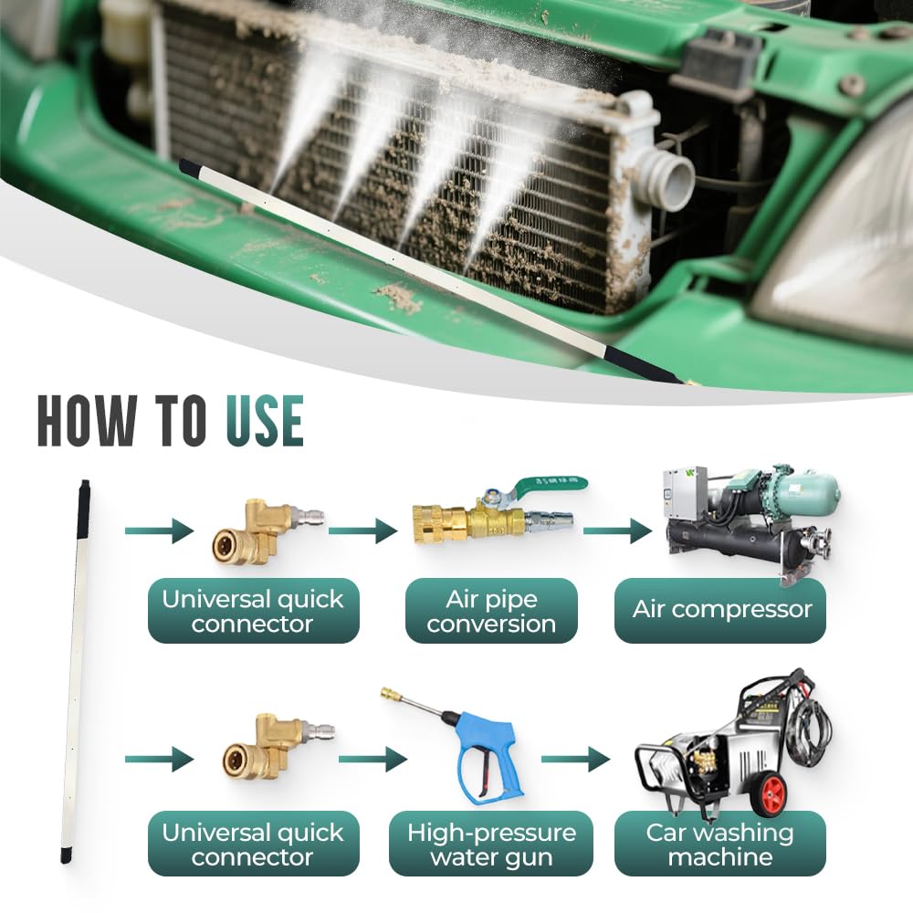 Radiator Cleaning Wand with Air Pipe Quick Connector, 24'' Portable Radiator Cleaning Tool, 4500 PSI Radiator Flush and Cleaner Pressure Washer Tool for Cars Trucks RV Gutter Cleaning (No Switch)