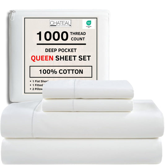 CHATEAU HOME COLLECTION 100% Cotton Sheets Queen Size Set - Certified 1000 Thread Count Breathable Soft & Comfy Sateen Weave, Machine Washable, 17" Deep Pocket Queen Sheet Set - White Sheets