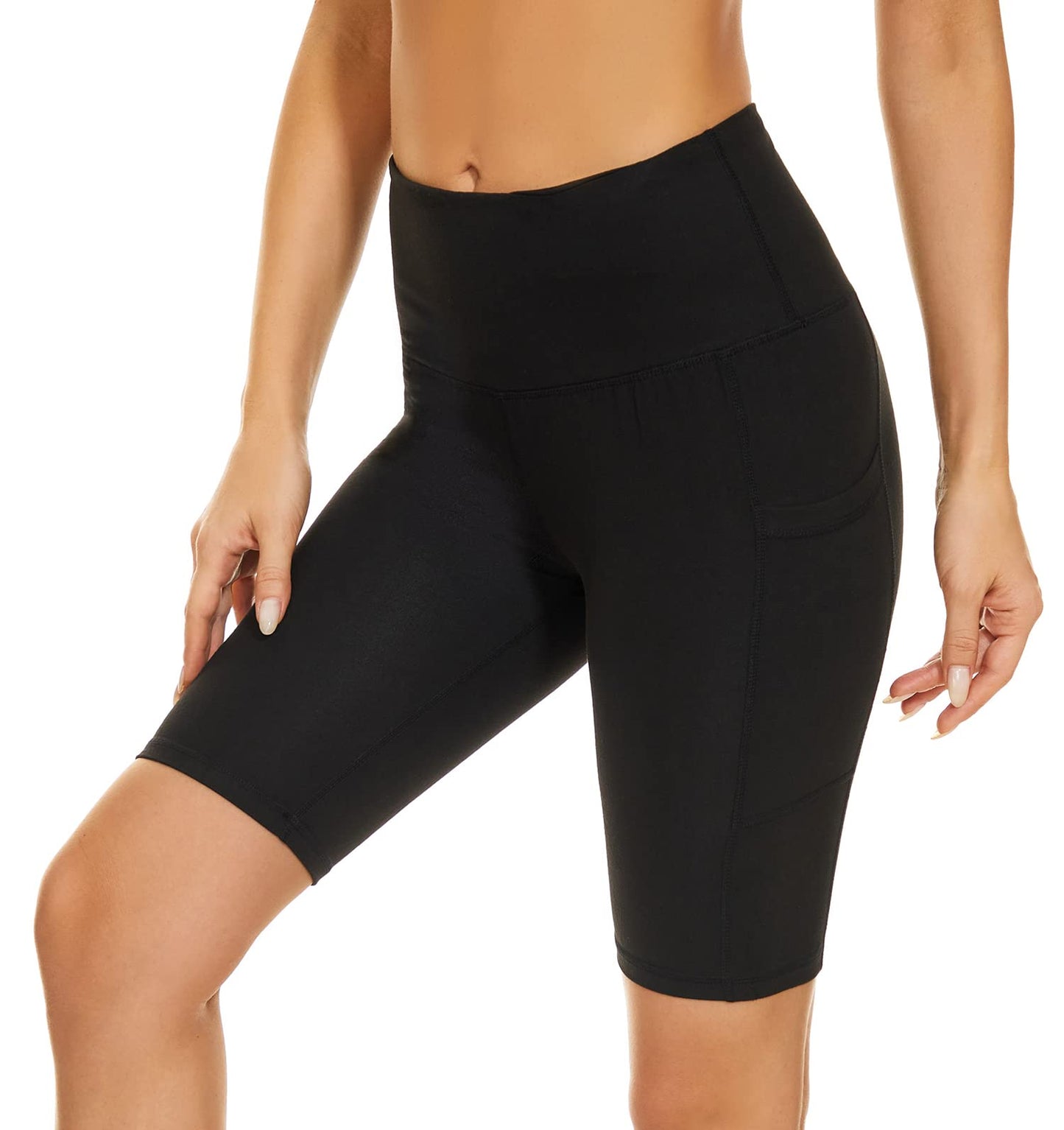 Custer's Night Biker Shorts Women High Waist Out Pocket Yoga Short Tummy Control Workout Running 4 Way Stretch Yoga Leggings Black L