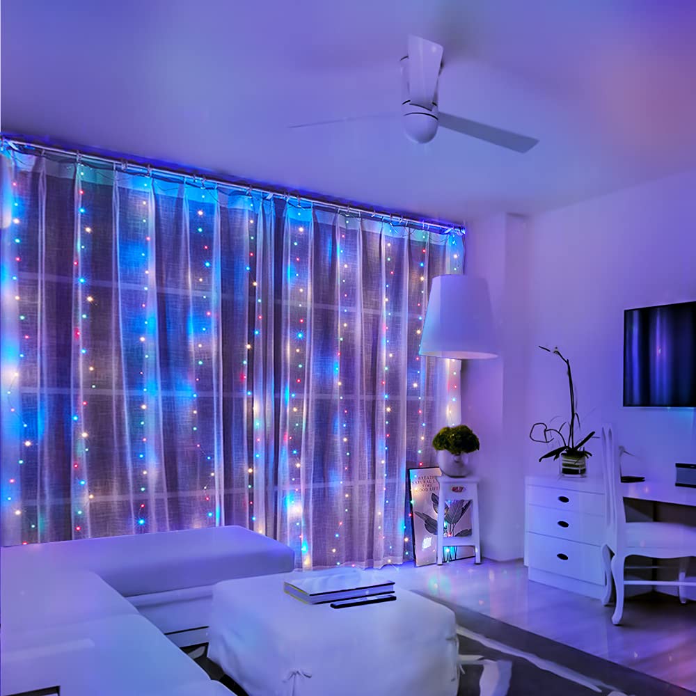 Honche 300Led Cuttable Curtain String Lights 10x10ft with Remote Window Lights for Bedroom Wedding Party Festive Season Propose Marriage (Colorful)