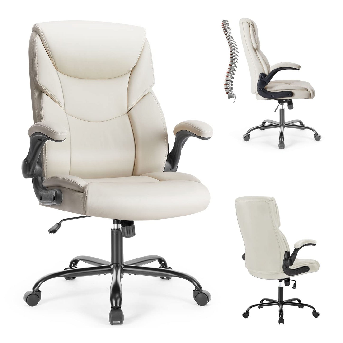 DUMOS Office Chair - Ergonomic Executive Computer Desk Chairs with Adjustable Flip-up Armrest, Swivel Task Chair with Lumbar Support, Strong Metal Base, PU Leather,Off-White