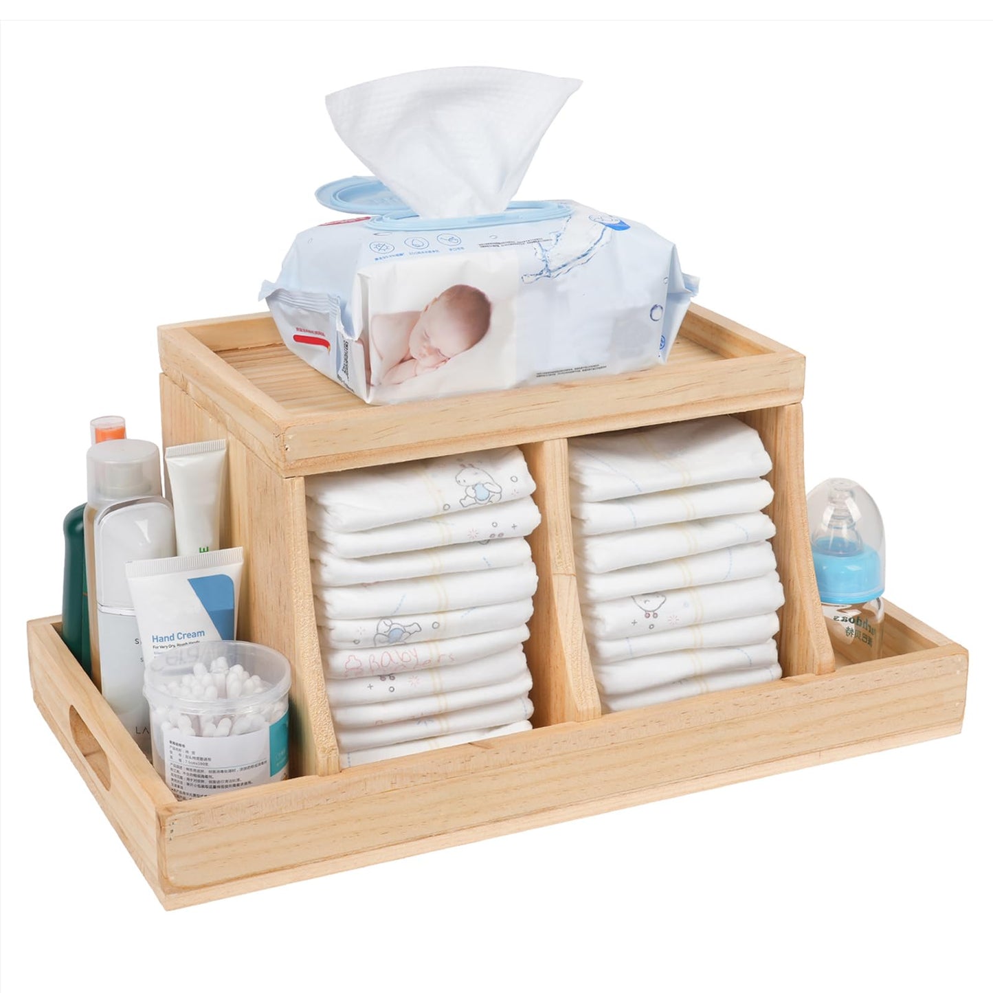 Busidhji Diaper Caddy Organizer, Changing Table Organizer, Wooden Diaper Organizer for Nursery, Baby Diaper Storage Organizer with Removable Dividers (Brown, Rectangular Size)