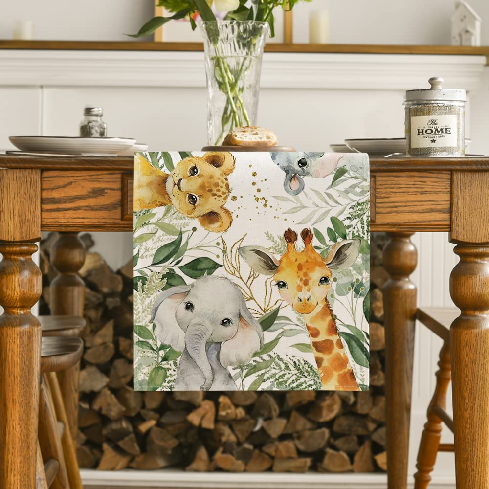 Artoid Mode Animals Elephant Giraffe BabyShower Table Runner, Seasonal Spring Summer Kitchen Dining Table for Home Party Decor 13x90 Inch