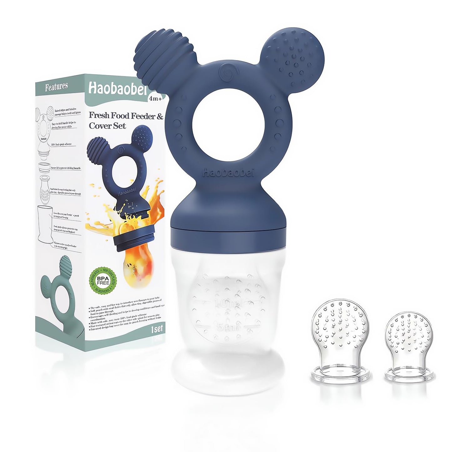 HAOBAOBEI Baby Fruit Feeder, Frozen Teething Toys, Infants Teether Pacifier with 3 Extra Teats, Toddler Eating Essentials, BPA Free Feeding Supplies (Steel Blue)