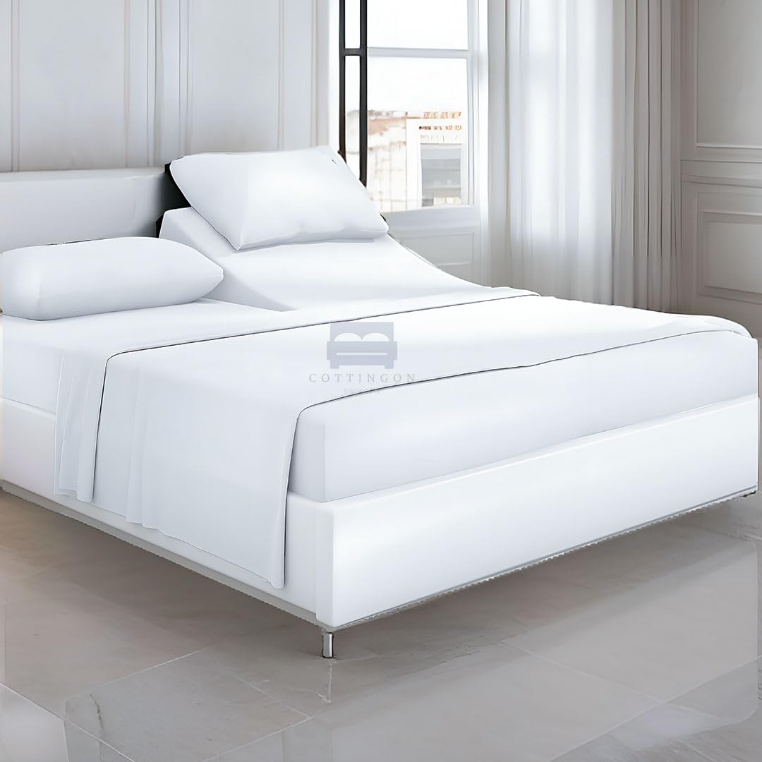 Cottingon Top Split King Sheets Set for Adjustable Bed - 4 Piece Sleep Number Bed Sheets - 100% Egyptian Cotton - 16 Inch Deep - 34 Split King - White Solid