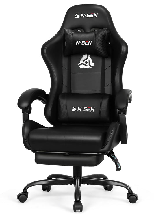 N-GEN GAMING Video Gaming Chair with Footrest Lumbar Support for Home Office High Back Recliner Height Adjustable Ergonomic Comfy Leather Computer Desk Chair (Black)
