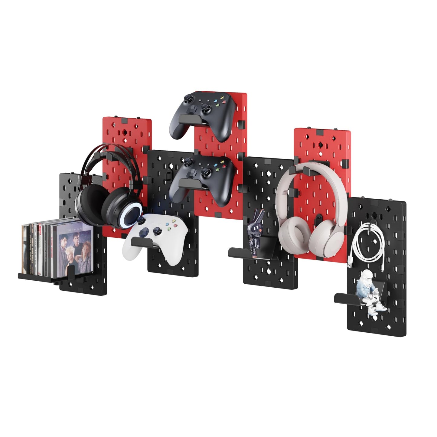 PEGZONE Controller and Headphone Holder Wall Mount, Modular Gaming Pegboard with Accessories, Controller Stand for Xbox PS5 PS4 Switch, Video Game Storage, Disc Shelf, 14pcs Pegboard, Black & Red