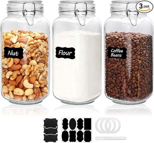 78oz Glass Storage Jars with Airtight Lids Set of 3, Pantry Storage Containers with Lids, Square Large Airtight Glass Jars, Perfect for Kitchen Canning Cereal, Pasta, Flour, Coffee Beans