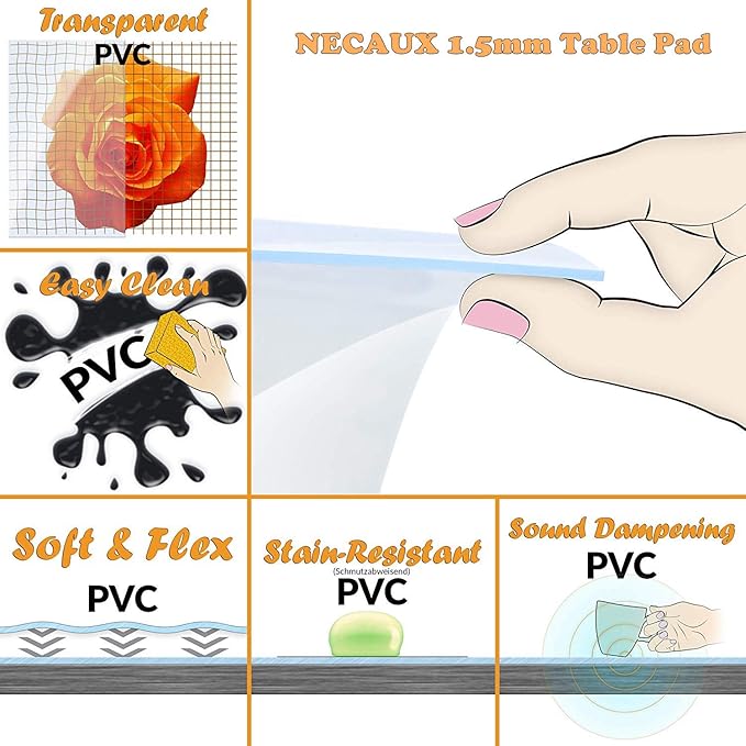 NECAUX Custom 32 x 67 Inch Clear Table Cover Protector, 1.5mm Thick Wood Grain Transparent Table Pad Non-Slip Tablecloth Plastic Protective Pad for 6 Foot Dining Room Table, Meeting Table