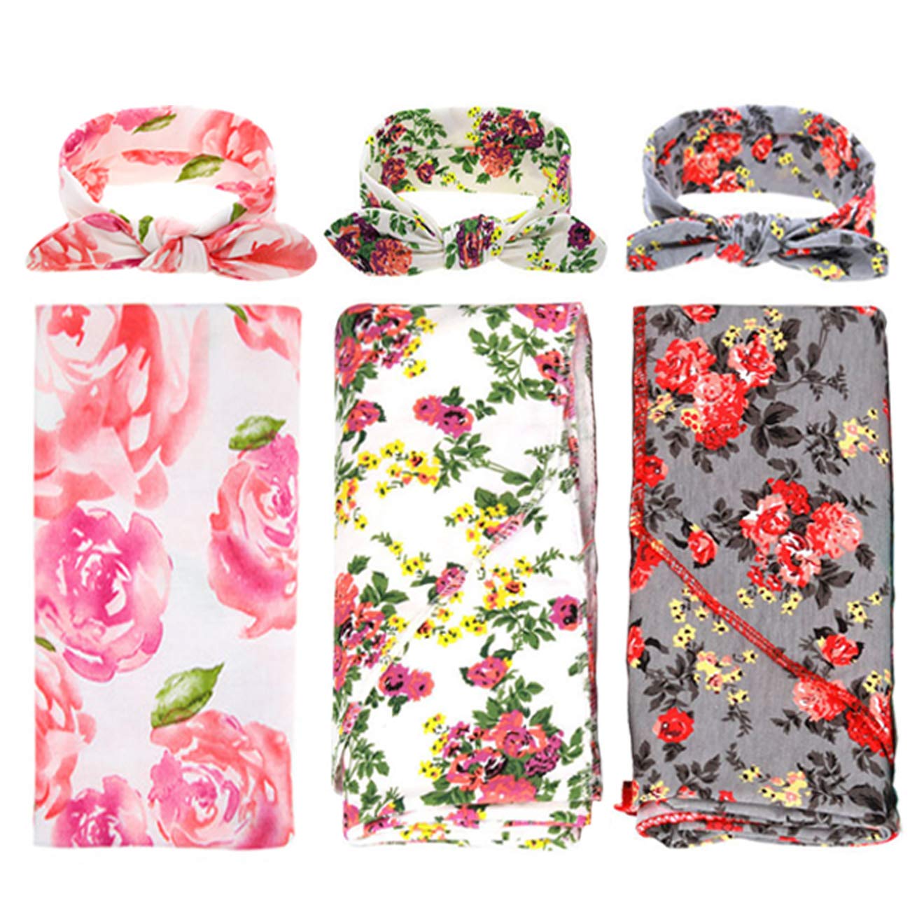 DRESHOW BQUBO 3 Sets Receiving Blanket with Headbands Newborn Baby Floral Printed Baby Shower Swaddle Gift