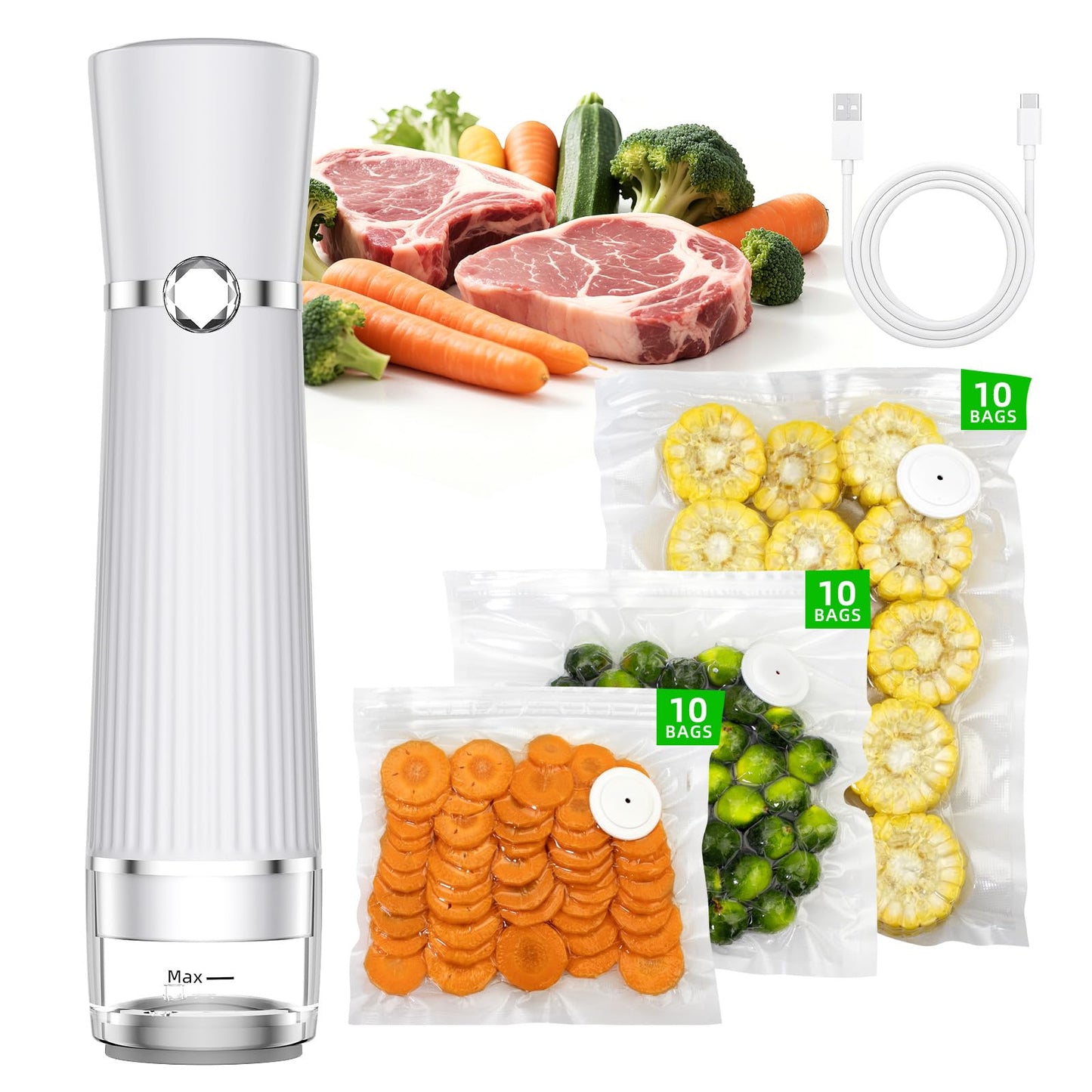 Vacuum Sealer for Food, Handheld Saver Compact Vacuum Sealer Machine with 30 Reusable Bags for 10X Preservation & Fresh
