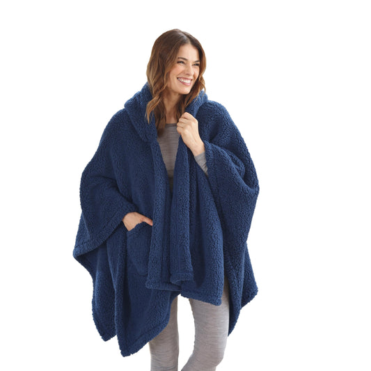 Cuddledown Wearable Sherpa Throw | Soft & Fluffy | Unisex, One-Size-Fits-Most | Toasty Warm | 58" x 58" | Navy
