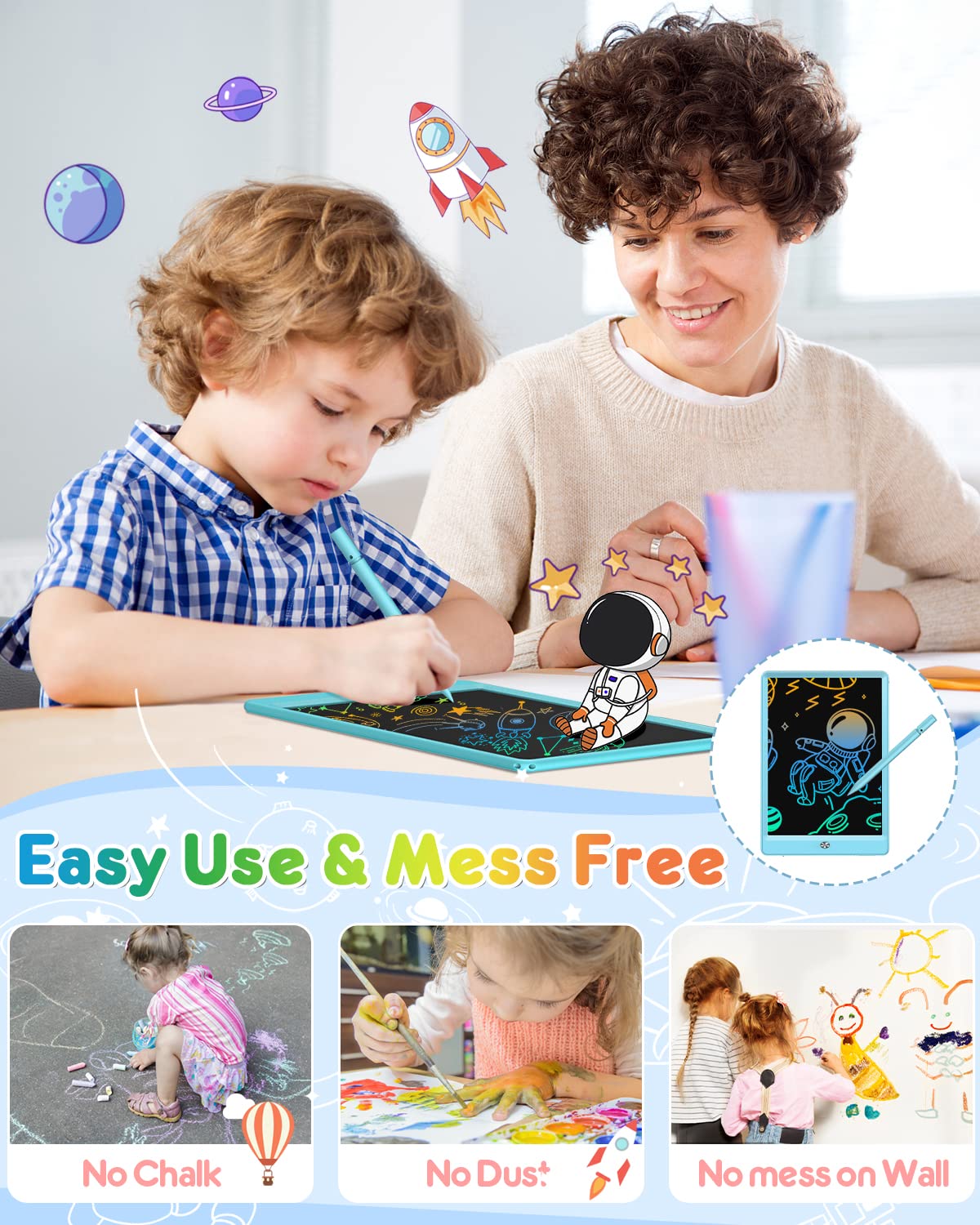 FLUESTON LCD Writing Tablet, Doodle Board Toys Gifts for 3-8 Year Old Girls Boys, 10 Inch Colorful Electronic Board Drawing Pad for Kids, Gifts for Toddler Educational Learning Travel Birthday, Blue