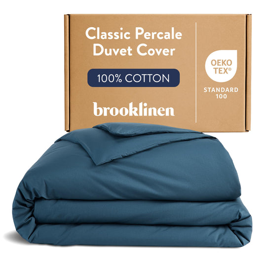 Brooklinen Luxury Percale Duvet Cover – 100% Cotton, Cool, Crisp, Extra-Long Corner Ties, Button Closure, Soft & Breathable – Machine Washable, Duvet Cover Full/Queen Bed Sizes (Abyss)