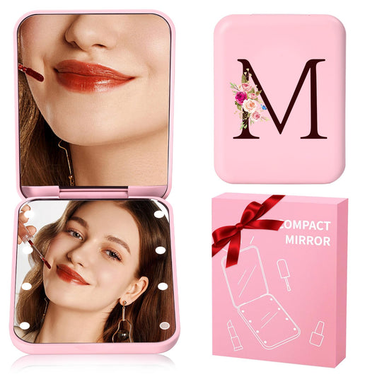 KEWWADB Travel Mirror with Lights, Initials Portable Compact Mirror, Travel Essentials, Suitable Gifts for Mom（Pink，M）