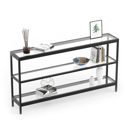 Evajoy Console Table, 55" Entryway Table with 3 Tiers, Open Glass Sofa Table for Living Room, Foyer, Entryway, Bedroom, Hallway, Black