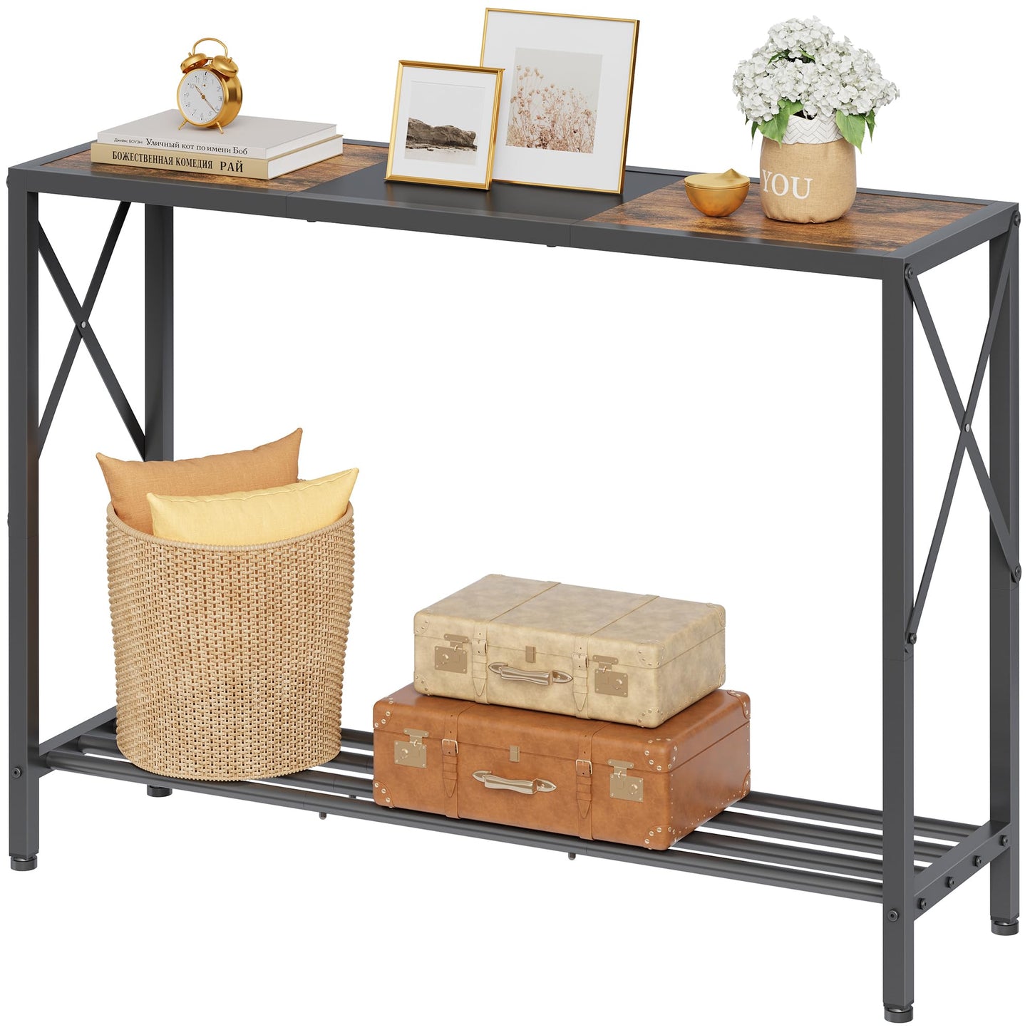 Tajsoon Console Table 41.8”, 2-Tier Industrial Entryway Table, Narrow Entrance Sofa Table with Shelves, Hallway, Living Room, Foyer, Corridor, Office, Rustic Brown and Black