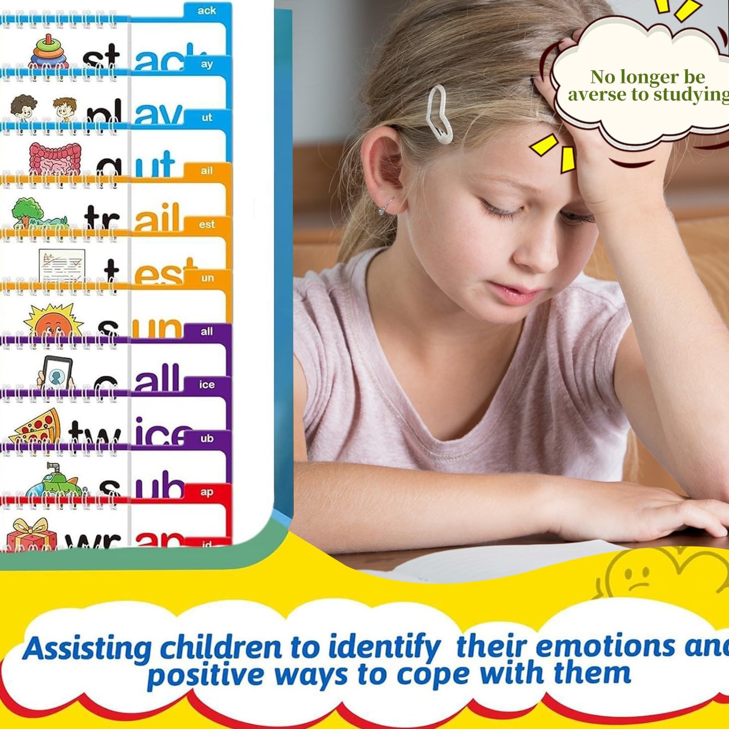 ZREVSB Word Families Learn to Read Flash Cards Set, Phonics and Sight Words with Activity Book, Read and Rhyme Flip Activity Book, Reading Games 30 Pieces