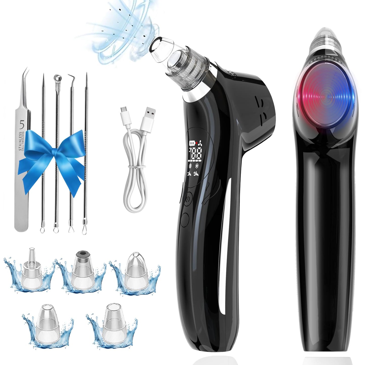 SJIE Blackhead Remover Vacuum Face Suction Pore Cleaner with Hot&Cold Compress Positive&Negative Ion Massage Nose Whitehead Remover Pimple Sucker with 5 Probes Pore Extractor Tool… (Black)