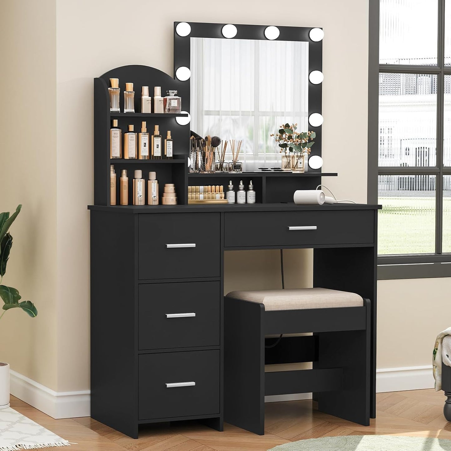 Quimoo Makeup Vanity with 10 Light Bulbs and Charging Station, Vanity Desk with Lighted Mirror & 4 Drawers, Vanity Table Set with Cushioned Stool, Black