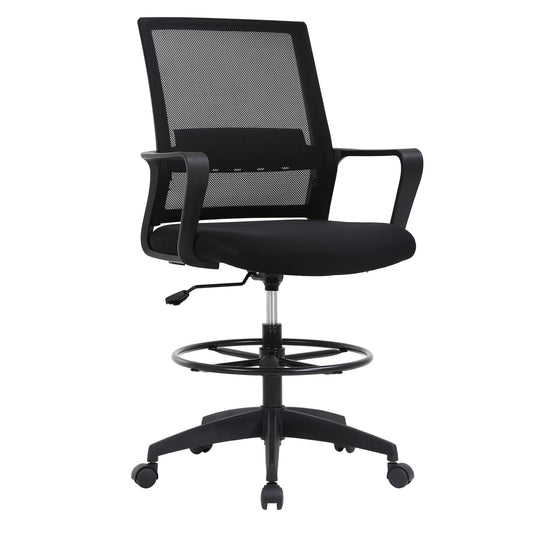 Drafting Chair Tall Office Chair Adjustable Swivel Rolling Mesh Height with Lumbar Support Arms Footrest Mid Back for Adults Standing Desk Drafting Stool (Black)