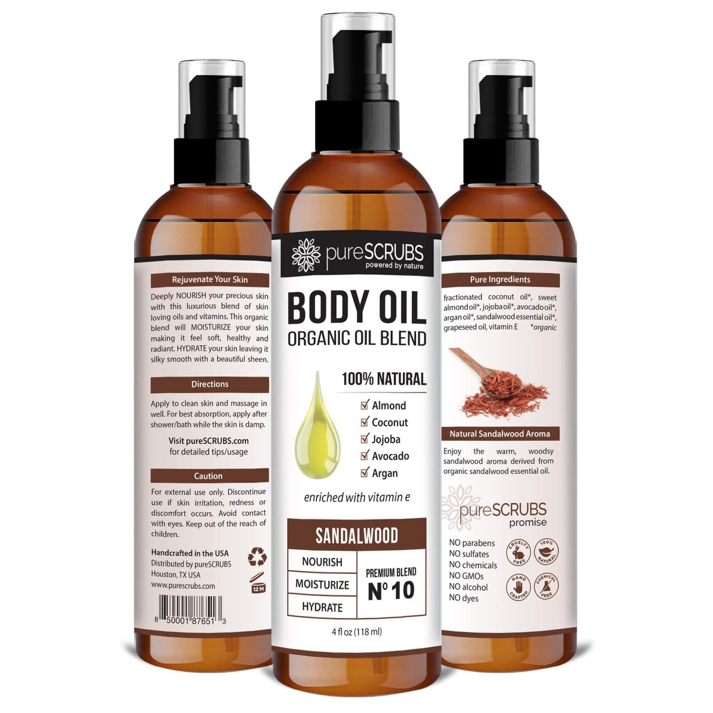 pureSCRUBS Ultra Moisturizing Sandalwood Body Oil Spray For Dry Skin, Massage, Cuticles & More, Organic Blend of Jojoba, Argan, Coconut, Sweet Almond & Avocado Oils Enriched with Vitamin E, Lg 4oz