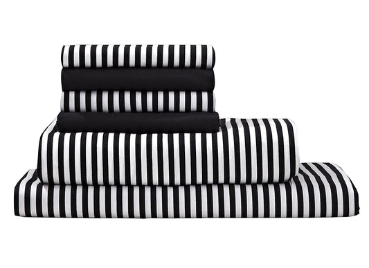 Virah Bella Striped 6-Piece King Sheet Set - Deep Pocket Luxury Hotel Quality Bedding, Stain & Wrinkle Resistant, Breathable Cooling Bed Sheets with 2 Extra Pillow Cases - Black & White
