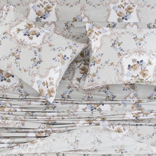 DAUAOTO California King Cotton Sheets Set Printed Bedding Sets, Classical Pattern Bedlinen for Cal King Mattress Up to 14" Deep, Rococo Gray