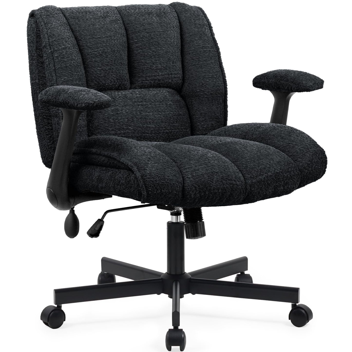 Criss Cross Legged Office Chair with Flip-Up Arms and Wheels, Wide Seat Desk Chair with Built-In Dynamic Airbag Lumbar Support, Modern Cross-Leg Chair for Home Office, Apartment, Vanity, Black