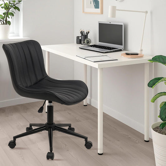 CLATINA Armless Ergonomic Office Chair with Wheels, Simple Modern Leather Computer Task Chairs with Back Support, Height Adjustable Cute Makeup Chair, Small Comfy Bedroom Vanity Chairs, Black 1Pack