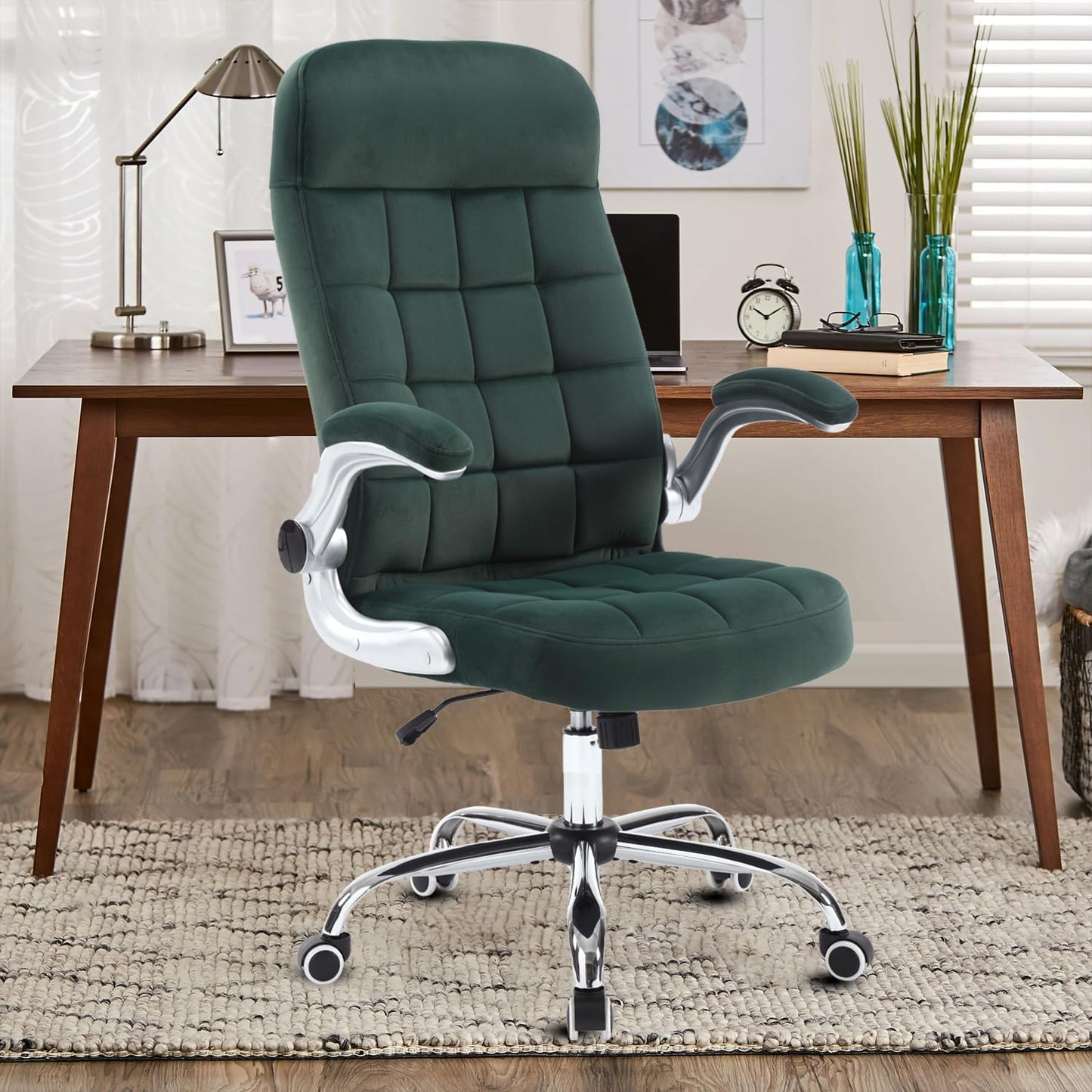 REFICCER High Back Fabric Office Chair, Velvet Executive Desk Chair with Flip-Up Arms, Ergonomic Office Chairs with Lumbar Support, Upholstered Home Computer Swivel Chair with Wheels(Green)