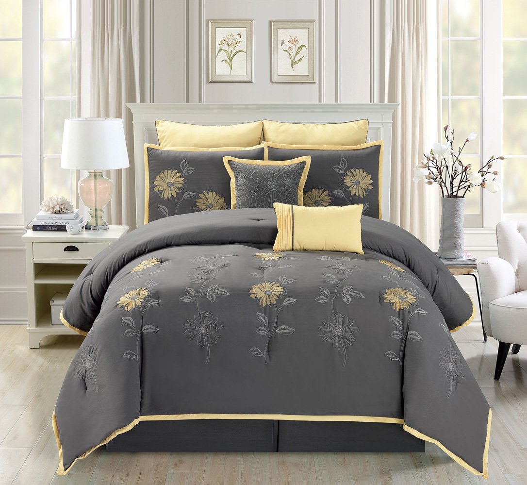 Grand Linen 7 Piece Modern Oversize Grey/Yellow Sunflower Embroidered Comforter Set Full Size Bedding