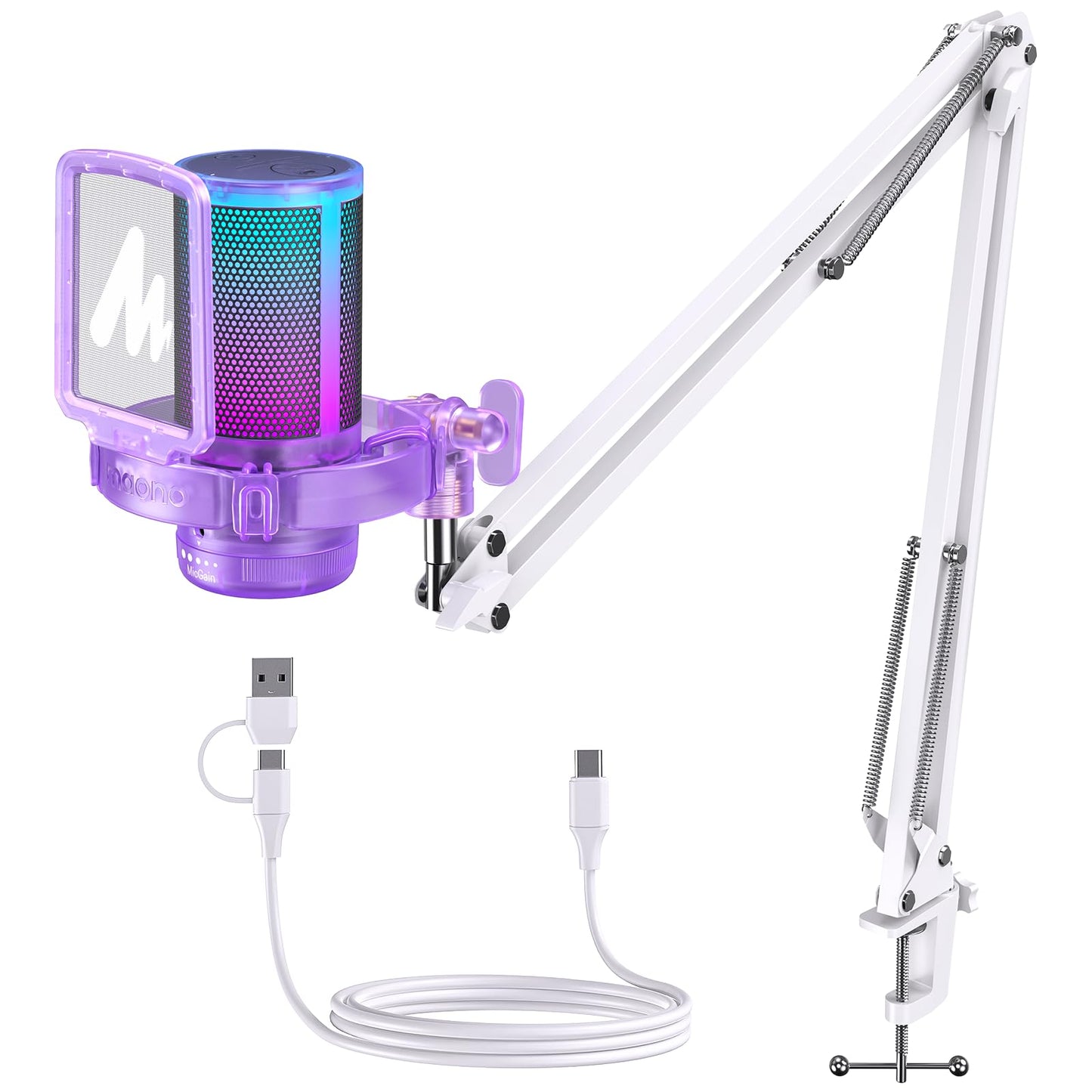 MAONO Gaming USB Microphone, Noise Cancellation Condenser mic with Mute, Gain, Monitoring, Boom Arm for Streaming, Podcast, Twitch, YouTube, Discord, PC, Computer, PS4, PS5, Mac, GamerWave DGM20S