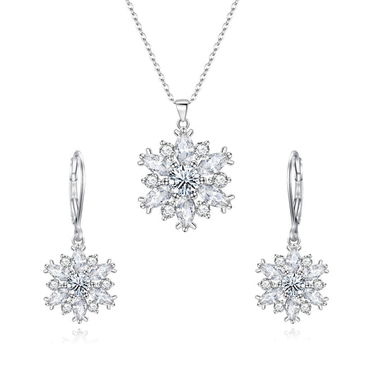 FANZE Fashion Cubic Zircon Snoweflake Jewelry Set for Women Snow Dangle Earring Hypoalllergenic Trendy Gift for New Years Chrismas Thanksgiving Clear Sliver-Tone