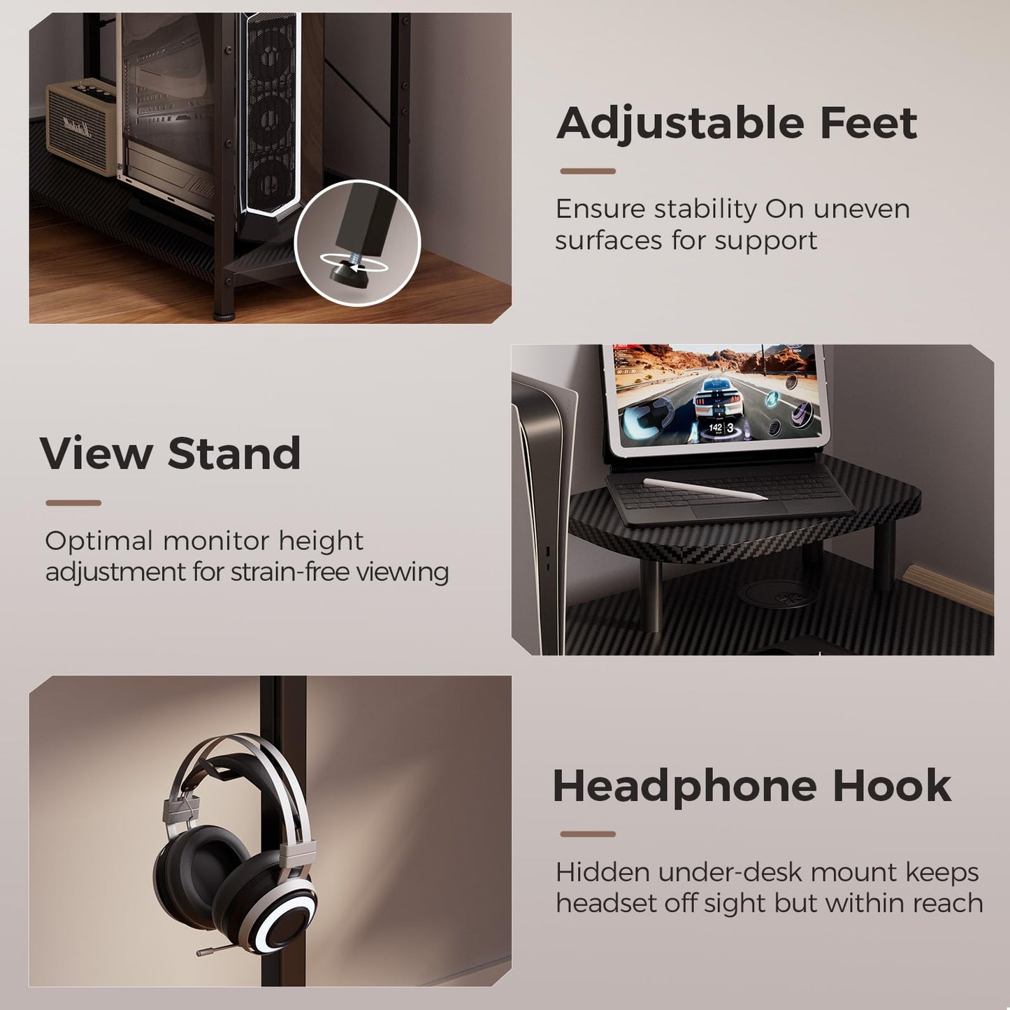 GTPLAYER L Shaped Gaming Desk, Carbon Fiber Style Computer Desk with Monitor Shelf and Hook, Black Small L Shape Desk with Adjustable Open Storage Shelf, Corner PC Table for Small Space Home Office