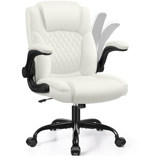 Leather Office Chair, PU Home Computer Desk Chairs with Ergonomic Back Support, 360° Swivel Free，Small Gmaing Chair with Wheels and Adjustable Armrests, for Short People Use, White