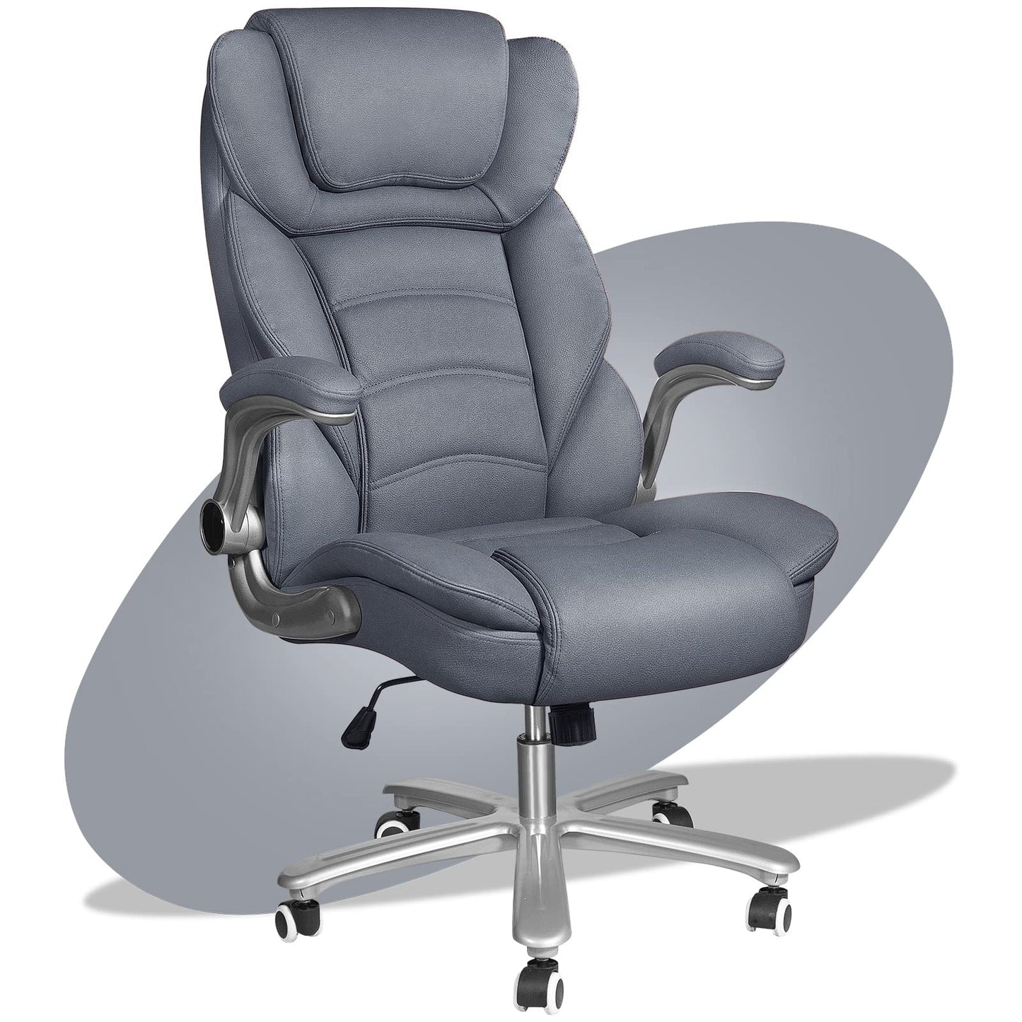 Sucrever Executive Office Chair, Big and Tall Office Chairs for Heavy People 400lbs Wide Seat, High Back Leather Office Chair Lumbar Support with Adjustable Armrest, Office Desk Chair, Grey/Blue