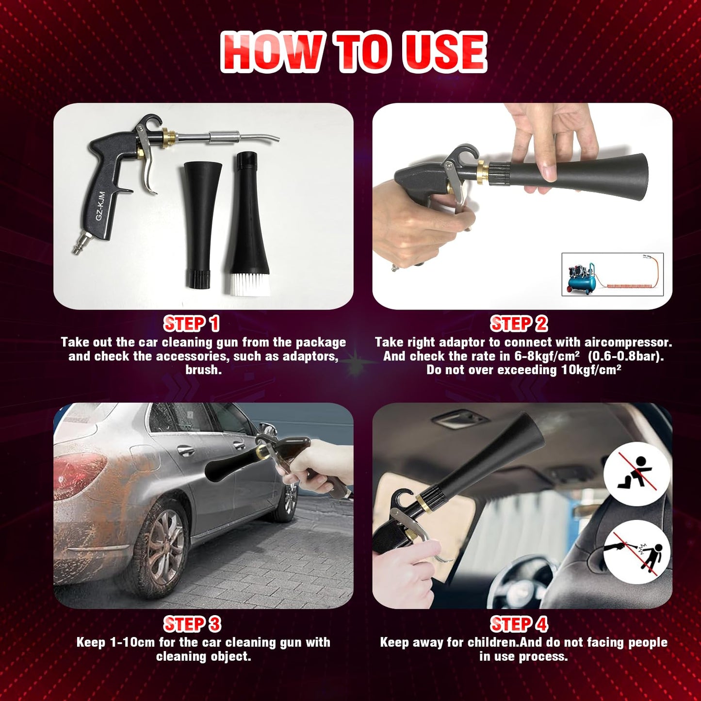 GZ-KJM High Pressure Car Interior Spraying Washing Gun with 2 Set Nozzle Sprayer Connector Air Pulse Car Washing Equipment Tool (Upgrade-Dust blow gun)