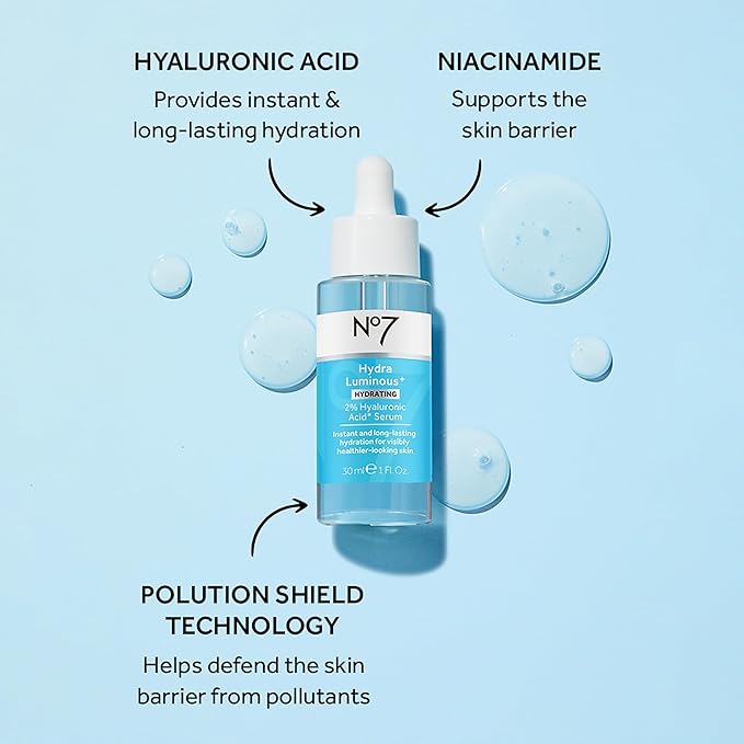 No7 HydraLuminous+ 2% Hyalyronic Acid Serum, Day Cream and Night Gel Moisturizer - Hyaluronic Acid and Vitamin B3 to Support Skin Barrier Repair - For Visibly Radiant & Healthier-Looking Skin- 3-Item