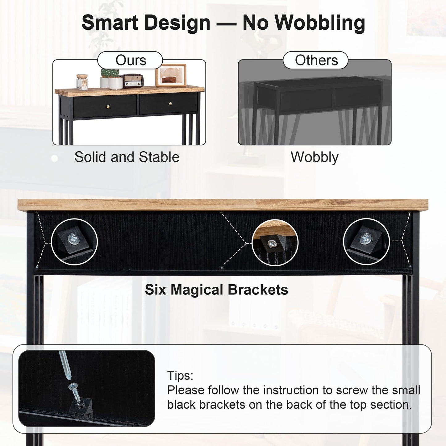 FLYJOE Solid Wood Console Table with 2 Fabric Drawers, 42" Entryway Table with Storage Shelves, Sofa Table for Entryway, Hallway, Living Room, Kitchen or Behind Couch in Foyer, Black