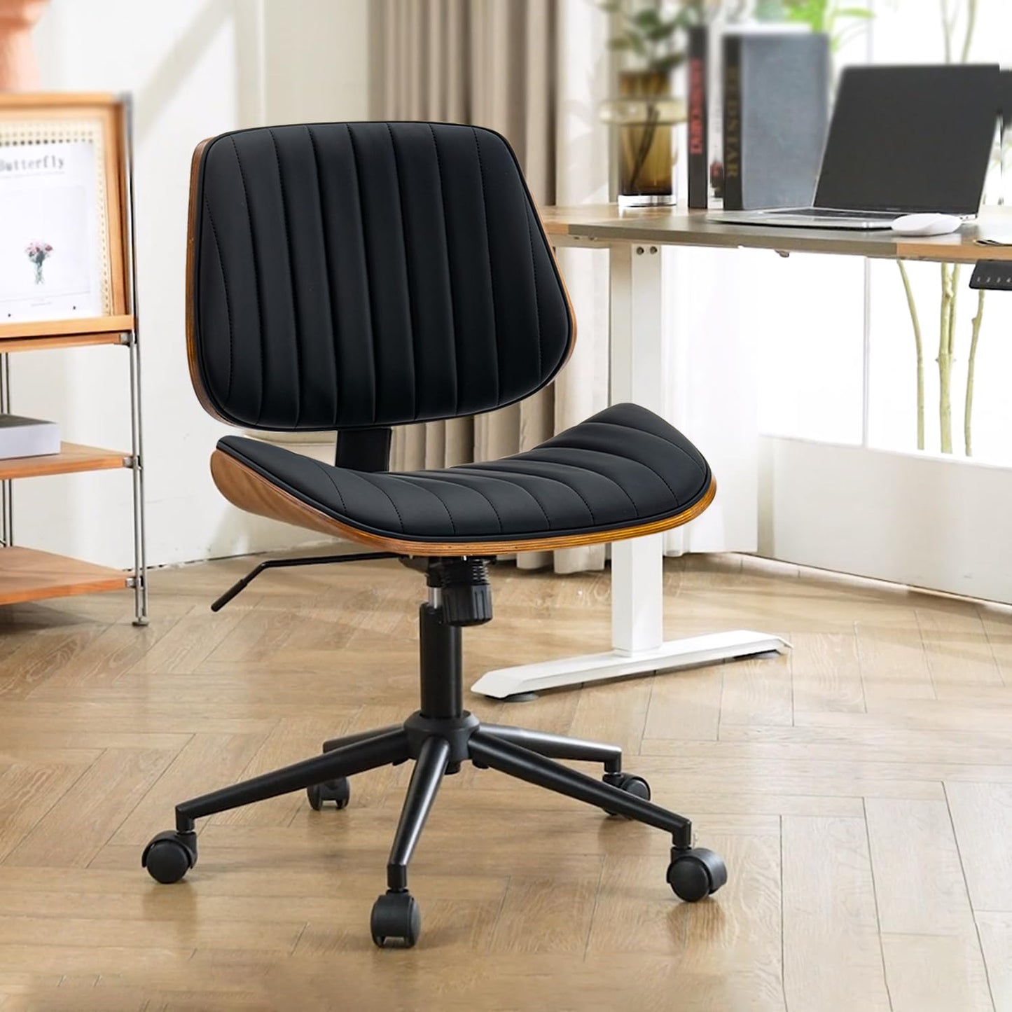 Home Office Desk Chair with Wheels, Modern PU Leather Swivel Computer Chair, Armless Upholstered Cirss Cross Vanity Chair for Home Office, Reading, Meeting, Black