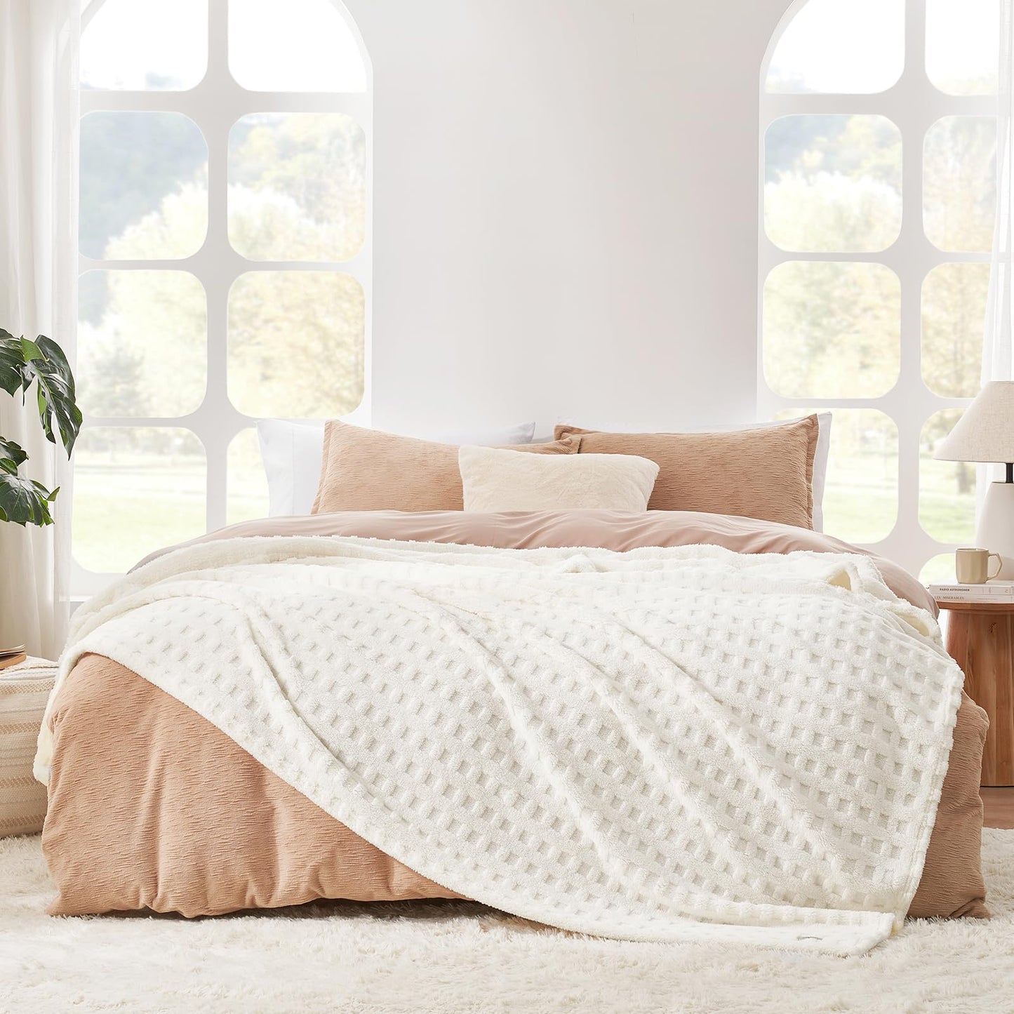 Cozy Bliss Ultra Soft Waffle Blanket - Lightweight Cozy Blankets Gift for Women,Cute Checkered Throws Blanket for Bed, Couch and Sofa,Ivory,50x60 Inches